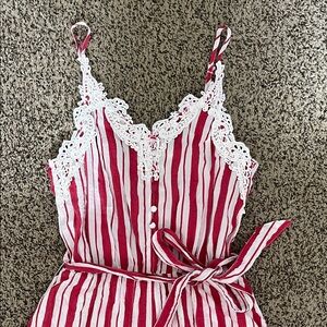 Entro Red & White Striped Romper w/ Lace Details